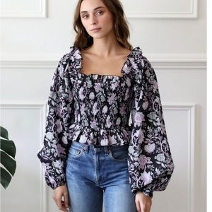 XXS Mille Top, smocked body, peasant sleeves, ruffle bottom